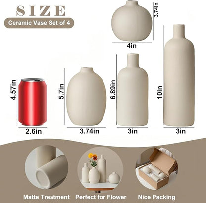 Modern Ceramic Vase Set, Neutral Colors, Decorative Vases for Home Decor, 4 Piece Collection (Beige)