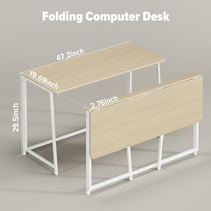 WOHOMO Folding Desk, 47.2" Foldable Computer Table for Small Spaces, Oak | Easy Assembly and Fold, Sturdy Home office desks for Study Bedroom Dorm Space Saving Writing Work Apartment