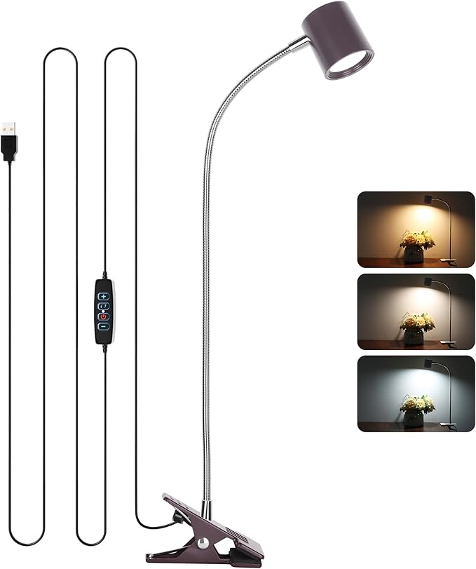 Dott Arts Desk Lamp,USB Clip On Light with 3 Color Modes,LED 10 Levels Brightness Reading Lamp, 360° Gooseneck Book Light,Eye-Care Reading Light for Home Office,Headboards Brown