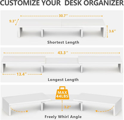 TAVR Dual Monitor Stand Riser, Wooden Computer Monitor Stand for 2 Monitors | Extra Long Multifunctional Desktop Organizer Riser for TV, PC Monitor, Laptop, Printer, Max 43.3" Length, White