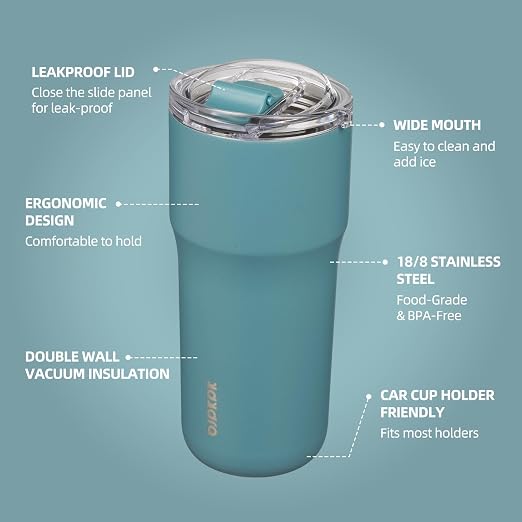 BJPKPK 24 oz Coffee Tumbler, Insulated Stainless Steel Travel Cup | Double Wall Vacuum, Leak Proof Lid, Keeps Hot/Cold/Iced, BPA Free, Dishwasher Safe, Cupholder, Haze Blue