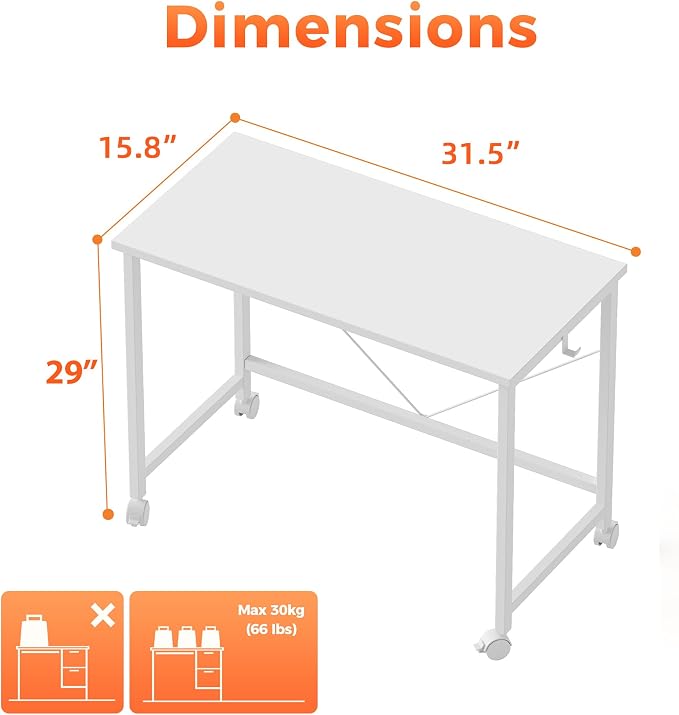 Mericonia 32x16 Inch Computer Desk with Wheels, Small Simple Rolling Desk | Writing Table for Home Office Bedroom Work Study, White