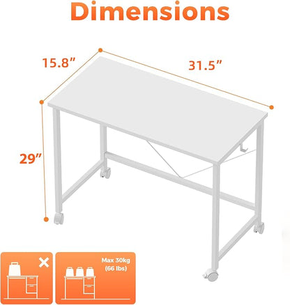Mericonia 32x16 Inch Computer Desk with Wheels, Small Simple Rolling Desk | Writing Table for Home Office Bedroom Work Study, White