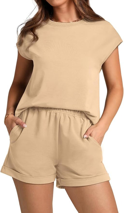 WIHOLL 2 Piece Sets for Women Casual Summer Travel Vacation Outfits Cap Sleeve Shorts Lounge Set