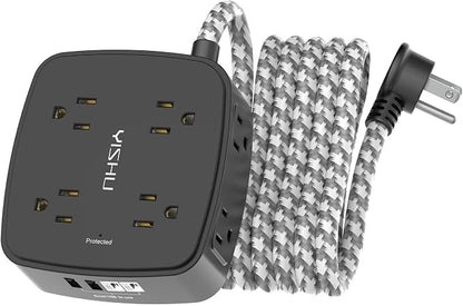 Surge Protector Power Strip - YISHU 8 Outlets with 4 USB (2 USB C) Charging Ports, 10Ft Braided Extension Cord, Flat Plug Multi Plug Outlet Extender Charging Station for Home Office, ETL, Black
