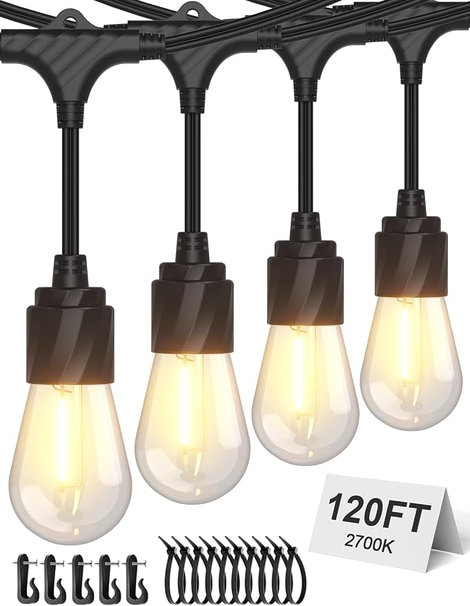 XMCOSY+ 120FT Outdoor String Lights Waterproof - LED Patio Hanging Lights for Outside Porch Backyard Gazebo Garden, Commercial Grade 42 Edison Bulbs