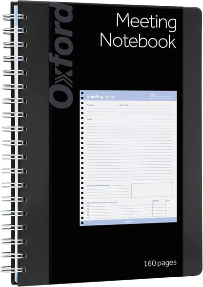 Oxford Meeting Notebook, Undated, Customizable Work Notes, Spiral Bound, Black Cover, Heavyweight 32 lb. White Paper, 7.5" x 10", 160 Pages (63830) (Pack of 12)