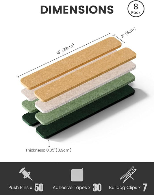 Fluxynara 13" x 2" Felt Wall Panels, Moss Glimmer | 8-Pack Includes 50 Push Pins and Adhesive Tabs for Photos, Notes and Decor in Bedroom Doors, Home Office or Studios