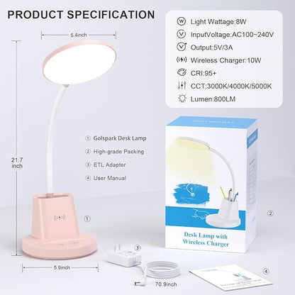 comzler LED Desk Lamp with Wireless Charger Pen Phone Holder, Blue Desk Lamp for Home Office, Dimmable Desk Light 3 Color Modes, College Dorm Study Lamp for College Dorm, CRI 90 800 Lumen