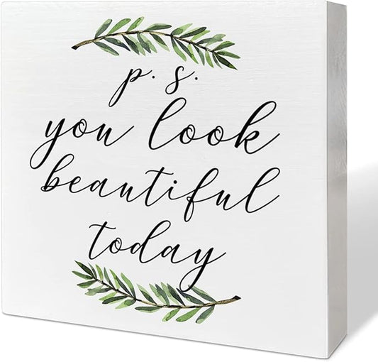 Home Office Desk Wooden Box Sign Decor, You Look Beautiful Today, Inspirational Quotes Desk Decor Motivational Desk Decorations for Women Girls Teens Student Office Classroom School