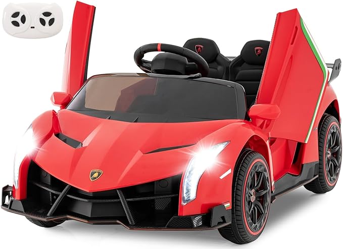 INFANS 2 Seater Kids Ride on Car, 12V 4WD Licensed Lamborghini Veneno Powered Electric Vehicle with Hydraulic Doors, Rocking Mode, Adjustable Speeds, Remote Control, MP3, Headlight (Red)
