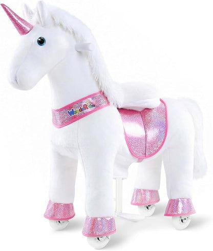 WondeRides Ride on Unicorn Horse Rider Pony Cycle Toy, 30.1 Inch Height Riding Pony White Unicorn Toy Plush Rocking Mechanical Walking Animal with Wheels No Battery Size 3 for Kids 3-5 Years M332-1