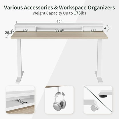 FEZIBO 60 × 26 Inch Electric Standing Desk with Monitor Stand, Height Adjustable Table with LED Strips, Ergonomic Home Office Furniture with 2 Drawers Storage Gaming Workstation, Light Walnut Top