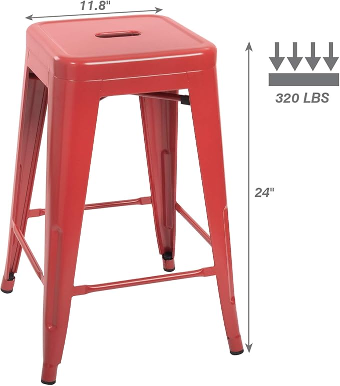 Devoko Metal Bar Stools 24" Indoor Outdoor Stackable Barstools Modern Style Industrial Vintage Counter Bar Stools Set of 4 (24 inch, Red)