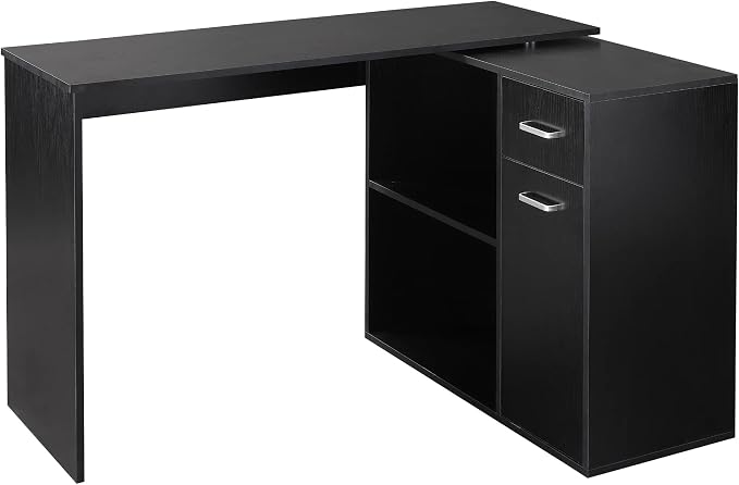 HOMCOM L Shaped Computer Desk 180° Rotating 47.25"x19.75"x 53.75", Black | Corner Desk, Storage Shelves, Drawer, Cabinet, Study Workstation, for Home Office