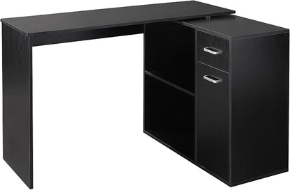 HOMCOM L Shaped Computer Desk 180° Rotating 47.25"x19.75"x 53.75", Black | Corner Desk, Storage Shelves, Drawer, Cabinet, Study Workstation, for Home Office