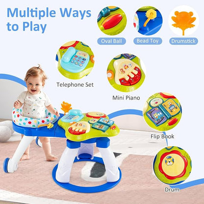 INFANS 3 in 1 Walk Around Baby Activity Center, Baby Walker with Play Table, Wheels, Detachable Seat Cushion, 3 Adjustable Heights, Learning Toys for Boys Girls Aged 6-36 Months (Blue)