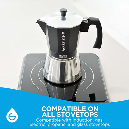 GROSCHE Milano Induction Stovetop Espresso Maker Moka Pot 6 Cup (Black) | Induction Moka Pot For Gas, Electric And Induction Cooktops With Aluminum Upper Chamber, Stainless Steel Base, And Burn Guard