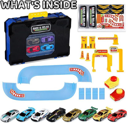 Drefirsa 24 in 1 Race Car Track Set, Toy Cars for Boys Age 3-5 4-7 | 8pcs 1:64 Diecast Vehicle, 2 Launchers, Race Track, Portable Storage Case, Outdoor Indoor Play, Gift for 3 4 5 6 Year Boy