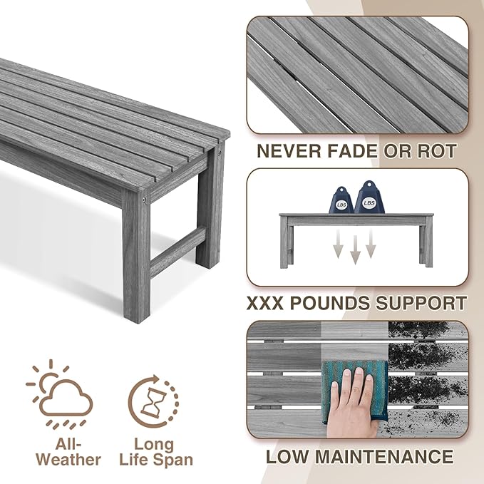 Psilvam 2-Person Outdoor Poly Lumber Patio Backless Bench, Fade-Resistant & Odor-Free Poly Lumber Patio Furniture, Weatherproof, Suitable for Garden, Porch and Park, 700 Lbs Support (1, Light Gray)