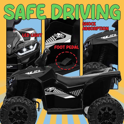 KerryYoo AT2 Kids ATV,12V 4 Wheeler for Kids 3-6,Electric Toddler Ride On Toys,Remote Control, High/Low Speeds, LED Lights, Bluetooth, and Off-Road Tires - Black
