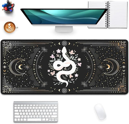 Mysterious Starry Sky Moon and White Snake Pattern Large Extended Gaming Mouse Pad E-Sports Office Desk Mat Keyboard Pad Rubber Non-Slip Computer Mouse Mat Suitable for Home Office Work(27.5X11.8 in)