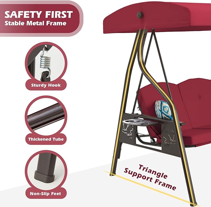 3-Seat Outdoor Porch Swing with Stand, Patio Swing with Canopy, 2 in 1 Porch Swing Bed & Patio Swing Chair for Adult w/Extra Pillows and Cup Holder for Yard (Wine Red)