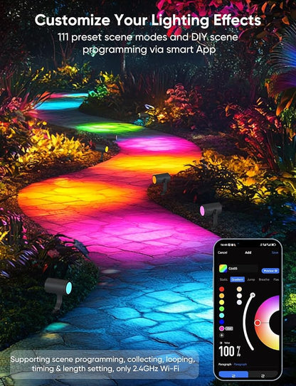 APPECK Smart Landscape Lighting Kit 12W, 2 Pack Outdoor Spot Lights RGBCW | Color Changing Landscape Lights, White Adjustable, for Garden Pathway Yard, Daily Holiday Decor, App/Remote/Voice Control