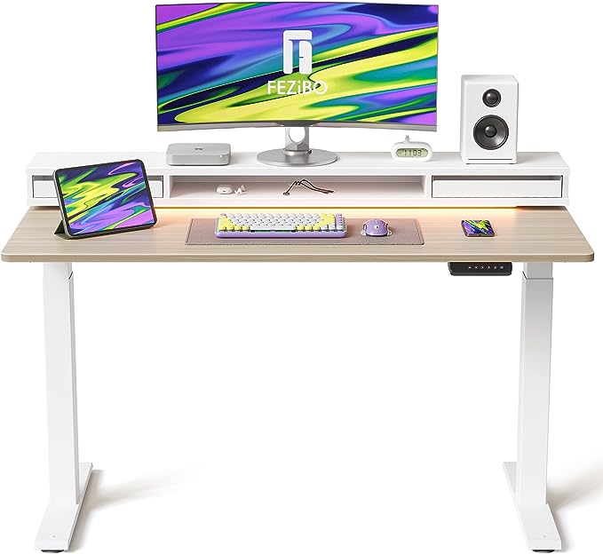 FEZIBO 60 × 26 Inch Electric Standing Desk with Monitor Stand, Height Adjustable Table with LED Strips, Ergonomic Home Office Furniture with 2 Drawers Storage Gaming Workstation, Light Walnut Top
