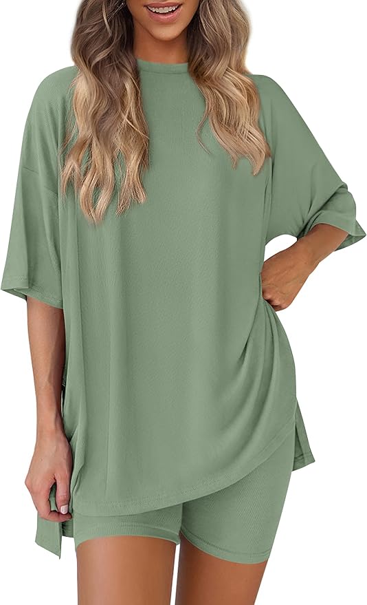 PRETTYGARDEN Women 2 Piece Lounge Set 2026 Summer Casual Oversized Shirts Biker Shorts Matching Airport Travel Outfit Clothes