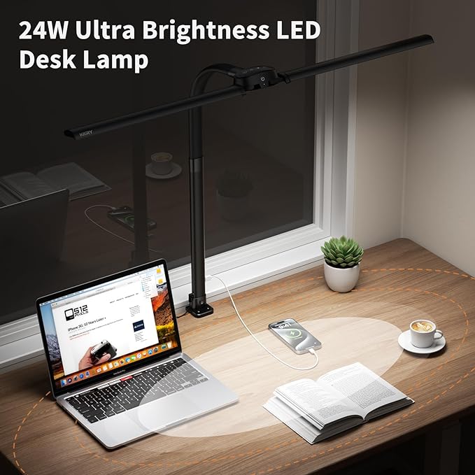 Led Desk Lamp with USB Charging Port Architect Task Dual Lamps for Home Office with Atmosphere Lighting, 24W Ultra Bright Modern Flexible Gooseneck Tall Table Light 5 Color Modes for Drafting Reading