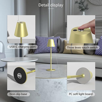LED CordlessTable Lamp,4000mAh Rechargeable Battery Desk lamp,3 Level Brightness Night Light, Simple Design, for Couple Dinner/Coffee Table/Restaurant/Bedroom(Champagne gold 4Pack)
