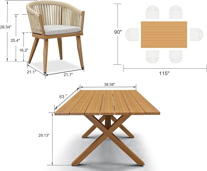 PURPLE LEAF 7 Pieces Outdoor Dining Set with Patio Aluminium Dining Table and Wicker Chairs Modern Furniture Cushions Sets for Backyard Indoor Decor Kitchen Teak