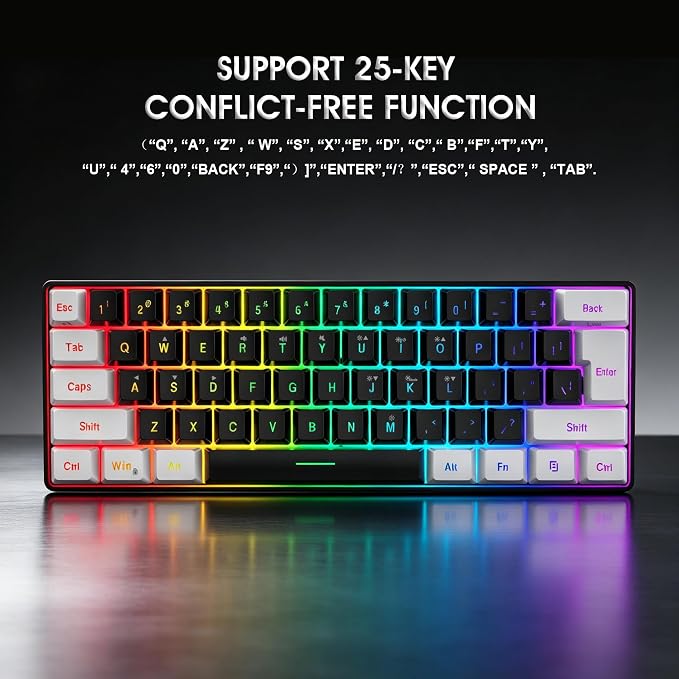 Snpurdiri 60% Wired Gaming Keyboard, Small RGB Backlit Membrane Gaming Keyboard, Ultra-Compact Mini Waterproof Keyboard for PC Computer Gamer White and Black | Backlit Small Membrane Gaming Keyboard for PC Computer Gamer