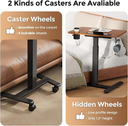 28" Mobile Standing Desk with Drawer, Portable Laptop Desk | Rolling Desk with Cup Holder and Hooks, Height Adjustable Computer Cart with Storage, Lockable & Hidden Wheels, Dark Wood
