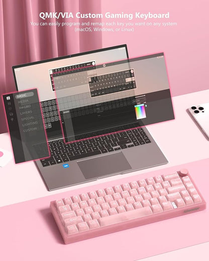 Womier 60% Keyboard QMK/VIA, Pink Gaming Mechanical Keyboard Creamy | Hot Swappable Gasket Mount RGB Wired Jade Keyboard, Jelly Keycaps POM Linear Switch for Windows/MAC(VK66 PRO Jelly)