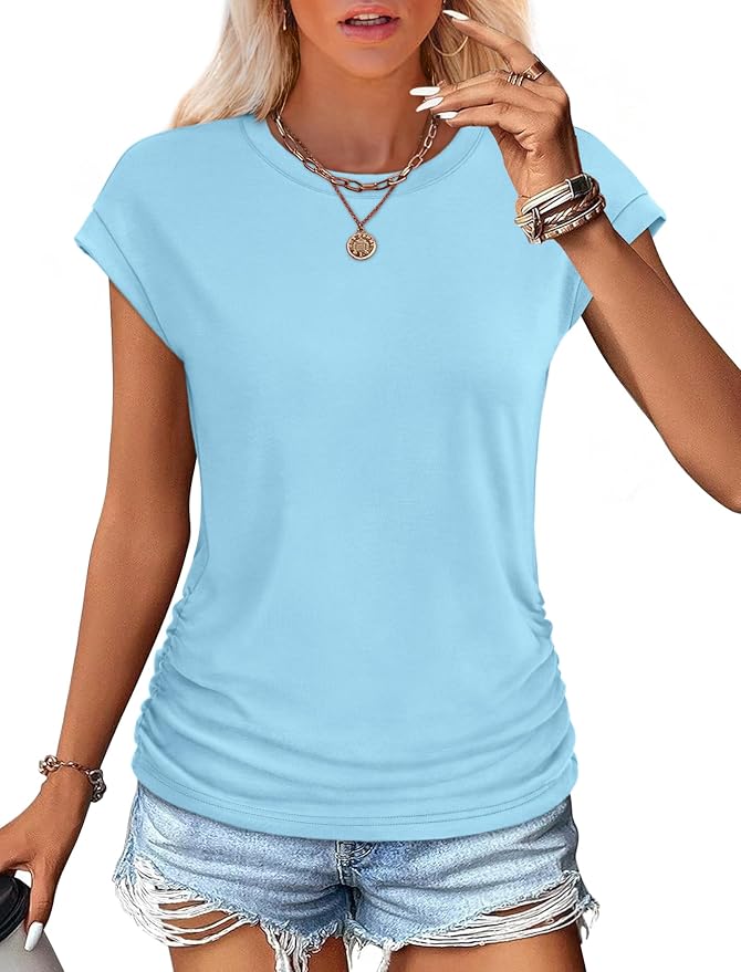 Sampeel Womens Summer Tops Trendy 2026 Ruched Cap Short Sleeve Tshirts Shirts Crew Neck T Shirts Fashion