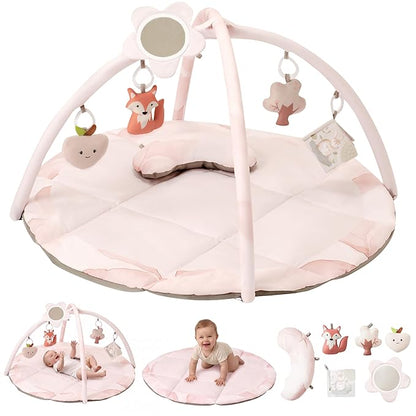 Fortella Baby Play Gym & Activity Mat, Machine Washable & Foldable Tummy Time Mat with 5 Detachable Toys, Certified Safe Newborn Essentials Gift for Baby Registry 0-12 Months (Rose Pink)