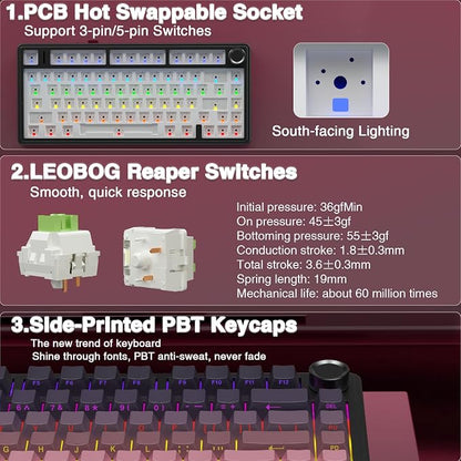 AULA F75 Pro Wireless Mechanical Keyboard,75% Hot Swappable Custom Keyboard,RGB Backlit,Pre-lubed Reaper Switches,Side Printed PBT Keycaps Mechanical Gaming Keyboards, Pink&Black