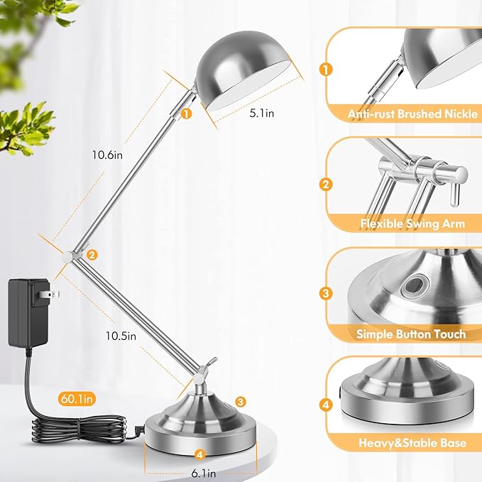 Touch Control LED Desk Lamp with USB Charging Port, Architect Brushed Nickle Lamp with Adjustable Swing Arm, Dimmable Silver Desk Lamp for Home Office Reading Study, 3000K/4000K/5000K 3 Color Modes