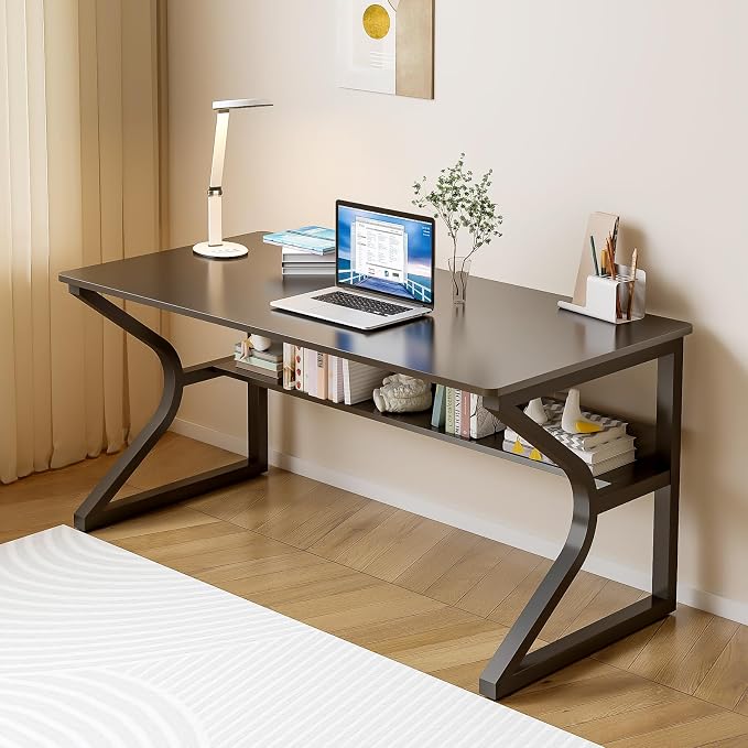 OSCHF 47.3-Inch Writing Desk with Storage Shelf, Black | Space-saving, Single-Person Workstation, Modern Study Gaming Computer Desk, Suitable for Home Office, Bedroom and Dorms