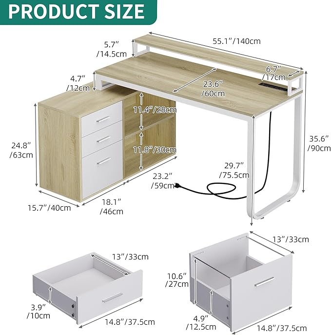 YITAHOME L Shaped Desk with Power Outlets & LED Lights & File Cabinet, 55" Corner Computer Desk with 3 Drawers & 2 Storage Shelves, Home Office Desk with Monitor Stand, Oak & White