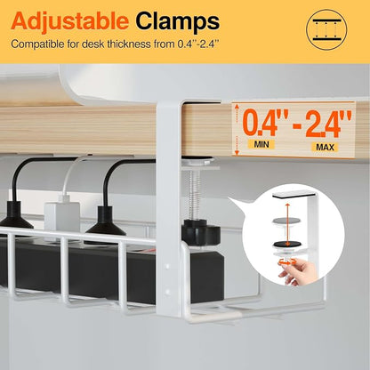 2 Pack Under Desk Tray, 31.4" No Drill Wire Management with Upgraded Clamp, Metal Cord Organizers for Desk, PC Cable Rack, White