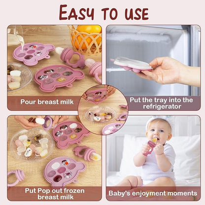 Baby Breastmilk Popsicle Molds & Baby Fruit Feeder (2 Pack), Infant Food Freezer Tray Storage Containers, Silicone Teething Pacifier Feeder and Teether for Babies - Blush