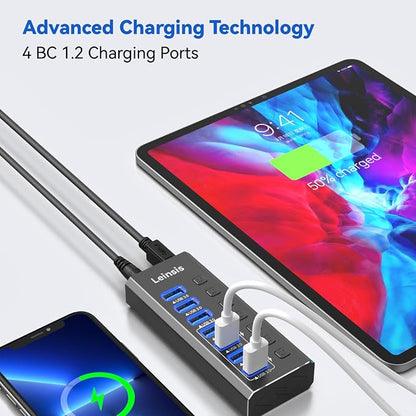 Powered USB Hub 3.0, Leinsis 7-Port USB 3.0 Hub [Durable Aluminum] 7 Data Transfer Ports+ 4 Smart Charging Ports with Individual On/Off Switches, USB Hub 3.0 Powered with Power Adapter for Laptop PC