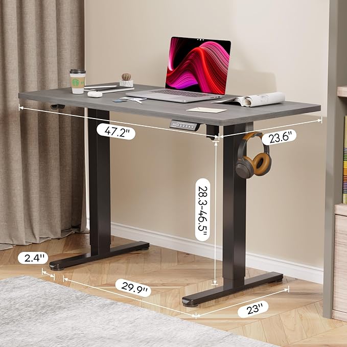 Grey Standing Desk, 48 X 24 Inch Adjustable Height Electric Desk, Sit Stand Desk with 2 Hooks, Ergonomic Rising Desk with Splice Board