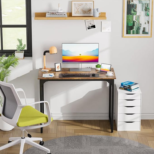 PayLessHere | 39 Inch Computer Desk | Brown | Sturdy Office Desk | Metal Frame, Adjustable Feet | Water-Resistant, Scratchproof Surface | Writing Table for Home Office or Study | Pack of 1