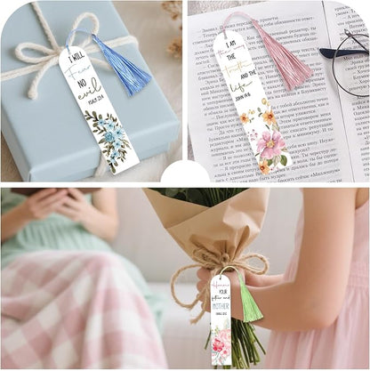 Dazoratix Christian Acrylic Bookmark Blanks - 60 Pcs Bible Verse Bookmarks Making Kit Religious Inspirational Clear Flower UV DTF Transfer Stickers with Ribbons DIY Craft for Reading Women Book Lovers