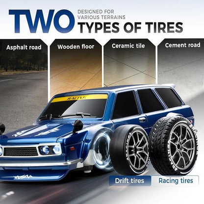 RC Drift Car, 1/24 Remote Control Drift Car for Adults Kids, 20KM/H 4WD Low/High Speed RC Cars with LED Lights, Extra Drifting Tires, Vehicle for Boys Girls Beginners Indoors Outdoors Blue