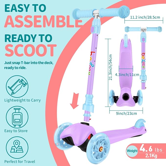 BELEEV A1 Scooter for Kids Ages 2-6, 3 Wheel Kick Scooter for Toddlers Girls Boys, Light up Wheels, Adjustable Height, Lean to Steer, Non-Slip Deck, Lightweight Push Scooter for Children